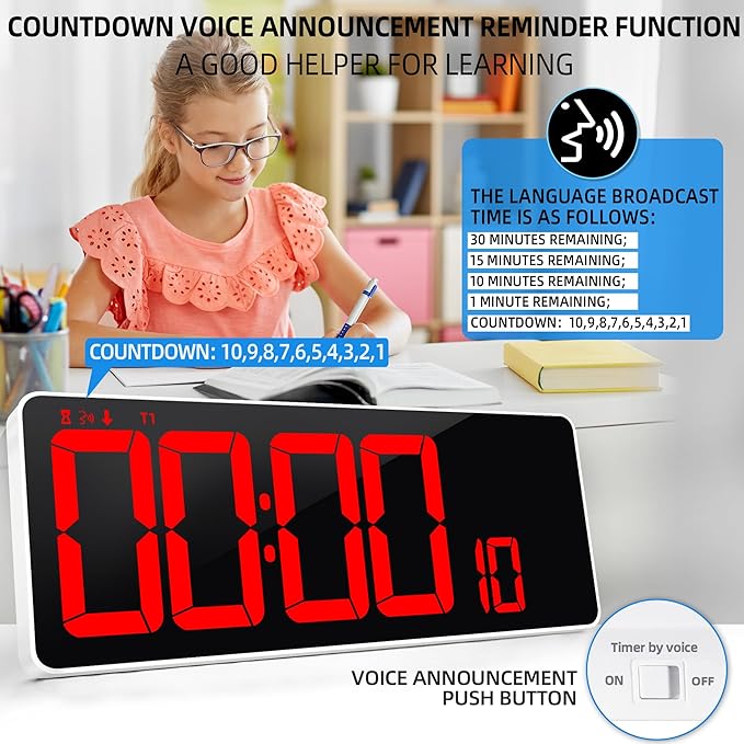KMMKGG 13.7”Digital Timer Large LED Screen displays（5'' Number）,The Date time, Remote Control, Turn on/Off 10 Seconds Countdown Voice Notification, for Chefs,Students, Children, Seniors