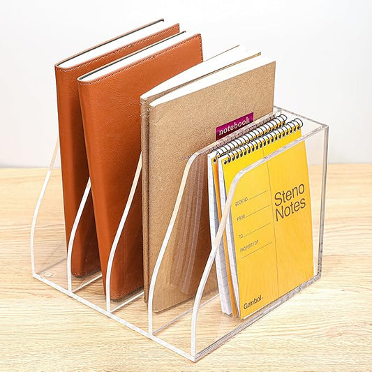 AIDIMOO Acrylic Magazine File Holder, 4 Vertical Compartments Desk Document Sorter Organizer, Clear Folder Rack Binder for Office, Documents, Tablets, Magazines, Books – Home/Classroom Rack
