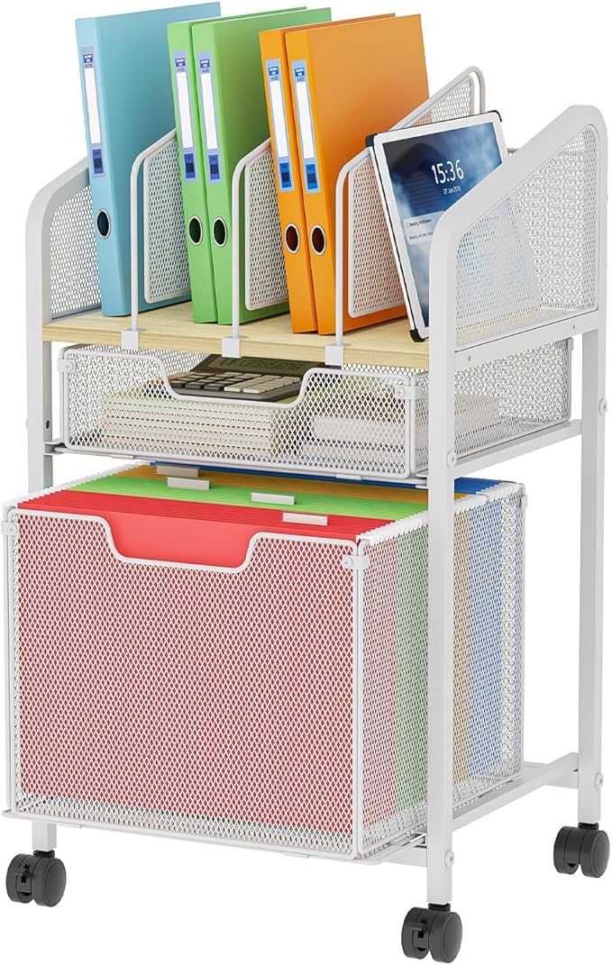 Rolling File Cabinet with Adjustable Dividers, Mobile Filing Cabinet with 2 Storage Drawers on Lockable Wheels, Hanging File Organizer Beside Under Desk for Office, Home, White（Patent Pending）
