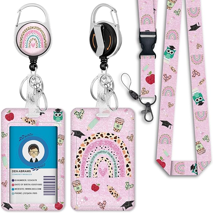 Rainbow Teacher Lanyards for Id Badges, Cute Badge Reel Heavy Duty with Carabiner Clip, Fashionable ID Badge Holder with Breakaway Lanyard, Teacher Nurse Office Christmas Gifts
