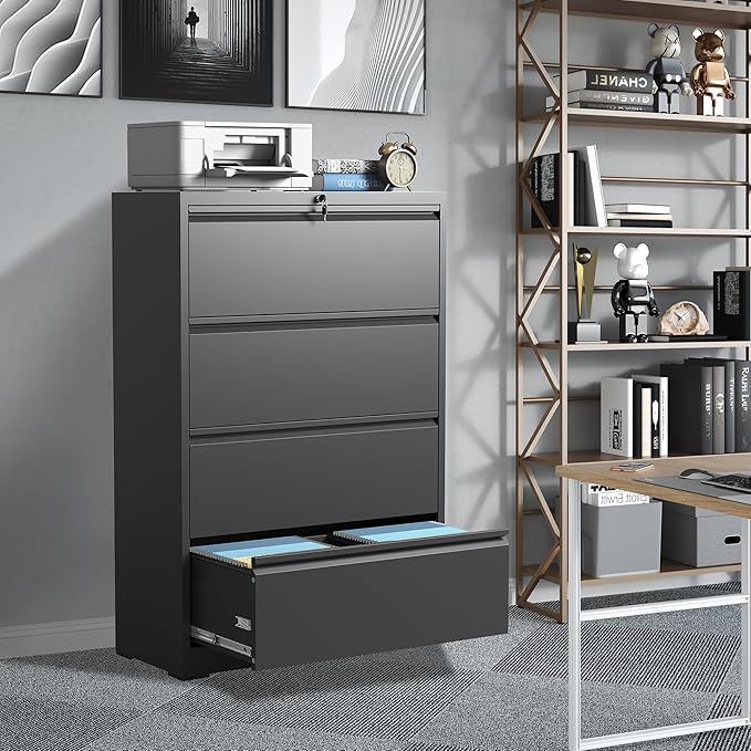 FLIXELIO File Cabinets 4 Drawer,Metal Office Storage Filing Cabinet with Lock,Black Lateral Filing Cabinet for Home Office,Horizontal Locking File Cabinet for Legal/Letter/A4 Files,Assembly Required