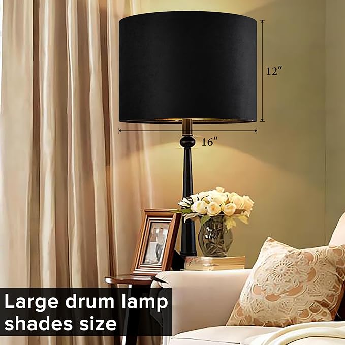 GO&SO Black Velvet Lamp Shades Set of 1 Large Drum Lampshades -16" Top x 16" Bottom x 12" High(Spider) Traditional Fabric Lamp Shade for Table Lamps - Replacement Lampshade - Assembly Required