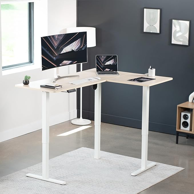VIVO Electric Corner 63 x 47 inch L-Shaped Standing Desk, Memory Height Adjustment, Light Wood Top White Frame, DESK-E3CTWC-47