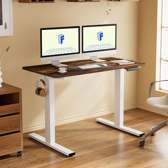FLEXISPOT EN1 One-Piece Standing Desk with 1-Inch Thick Seamless Desktop, 55"x28" Electric Height Adjustable Desk for Home Office, Multi-Monitor Setups & Easy Assembly, Rustic Brown