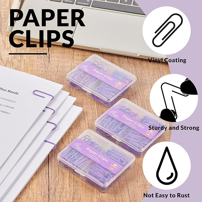 NEEWAY Colorful Paper Clips Assorted Sizes, Small and Large Paperclips, 210 Count, 3 Pack of 70 (Purple)