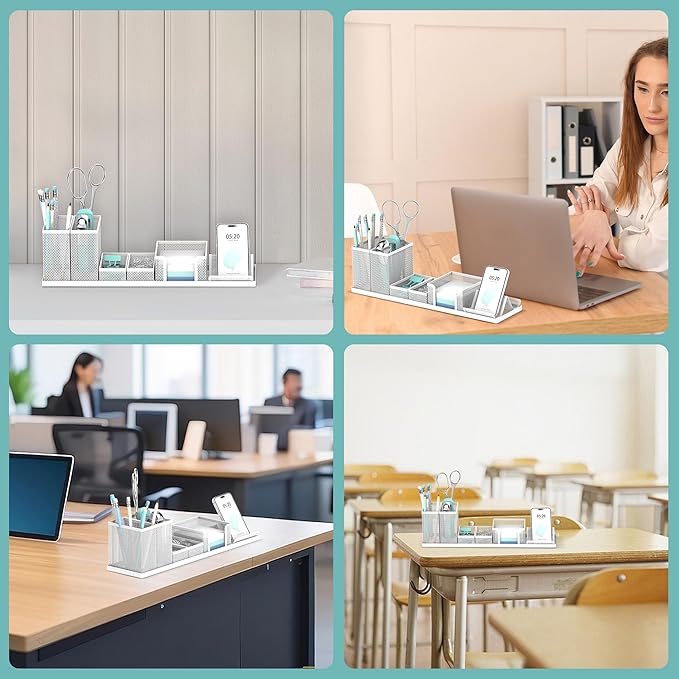 SUPEASY Pen Holder for Desk, 6 Piece Mesh Desk Organizer set for Office Organization with Mail Organizer, Letter Phone Holder, Sticky Notes Caddy Storage, White