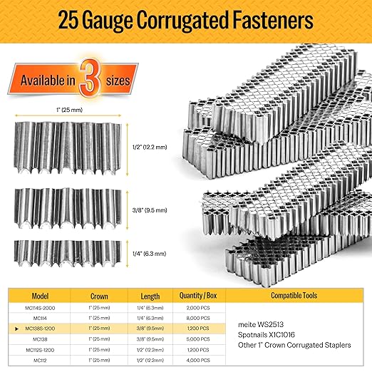 meite Corrugated Fasteners MC138 25 Gauge 1-Inch Crown 3/8-Inch Length Staples Corrugated W Fasteners for Pneumatic Corrugated Tools, for Woodworking Projects (1,200 Counts/Box)
