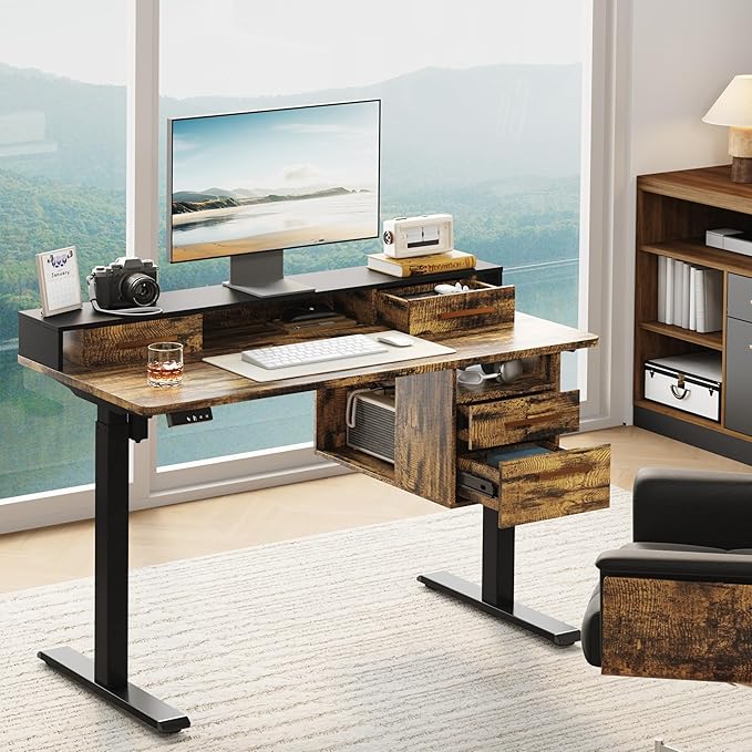 ModernMate Standing Desk with 4 Drawers, 47.2 x 23.6 Inch Whole Piece Height Adjustable Electric Sit Stand Desk, Computer Home Office Workstation with Open Storage Shelf, Rustic Brown