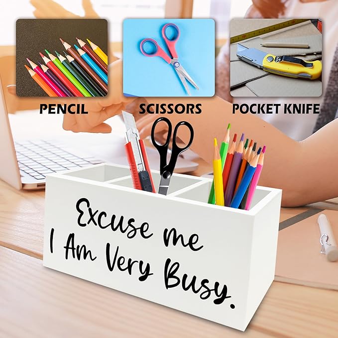 QZQE Funny Pen Pencil Holder Organizer for Desk, Funny Office Decor, Excuse Me I Am Very Busy Wooden Box Signs Decorations for Home Workplace Office Desk Tabletop