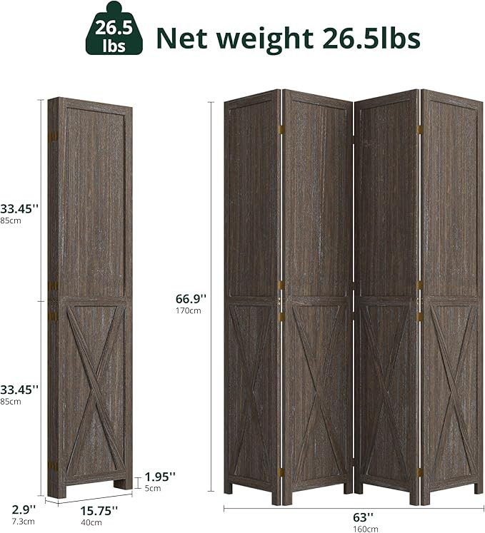 Cozy Castle Wood Room Divider, 4 Panels Folding Privacy Screen, 66.9'' Wall Divider, Barnwood Room Separator, Freestanding Partition, Temporary Wall for Decorative, Rustic Brown