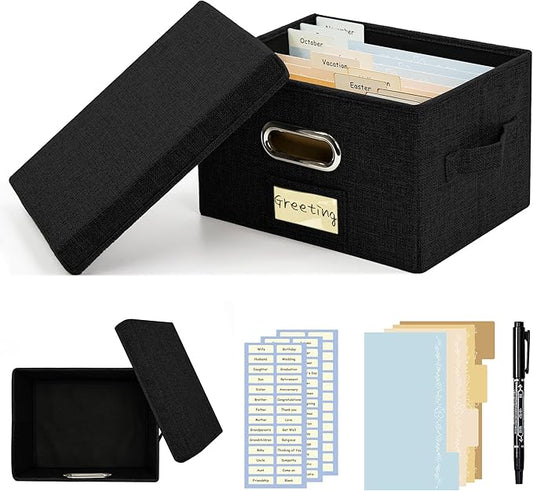 Remowith Greeting Card Organizer and Storage Box with 20 Pcs Adjustable Dividers, Storing Cards with 84 Pcs Labels Perfect for Storing Greeting Cards, Envelopes, Photos 1 Pack Black
