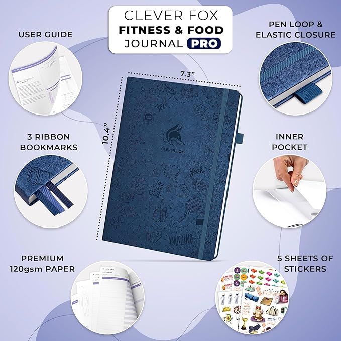 Clever Fox Fitness & Food Journal PRO – Daily Workout & Meal Planner for Women & Men – Exercise & Weight Loss Diary Notebook, 7.3x10.4” (Mystic Blue)
