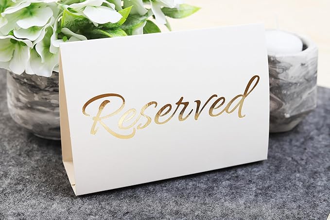 20 Pack Modern White Reserved Table Sign with Gold Letters - Reserved Signs For Wedding - Wedding Accessories - Tent Signs For Reserving Seats & Places - Place Cards for Party, Event