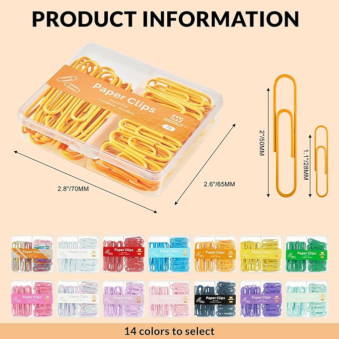 NEEWAY Colorful Paper Clips Assorted Sizes, Small and Large Paper Clips, 210 Count, 3 Pack of 70 (Orange)