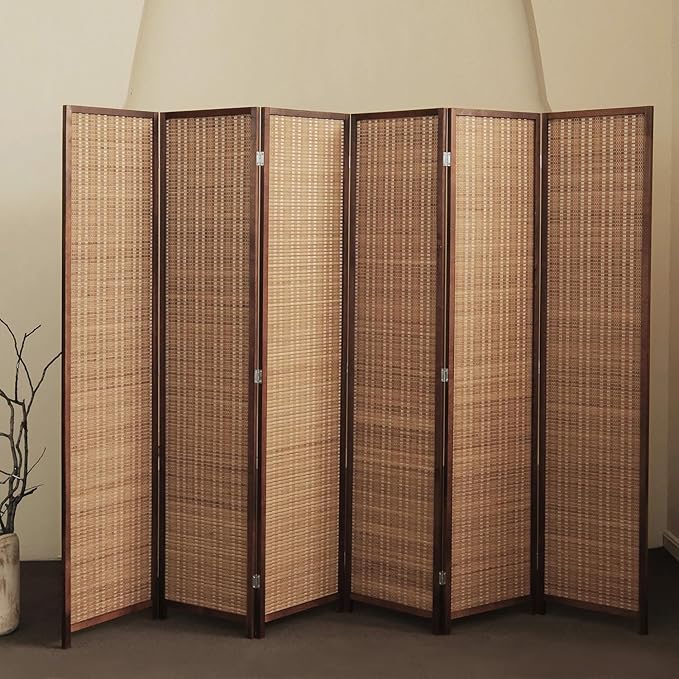 Furnnylane 6 Panel Bamboo Room Divider and Folding Panel Screen,Bamboo Panel Divider for Room Separation,Brown,67" H x 92.1" W