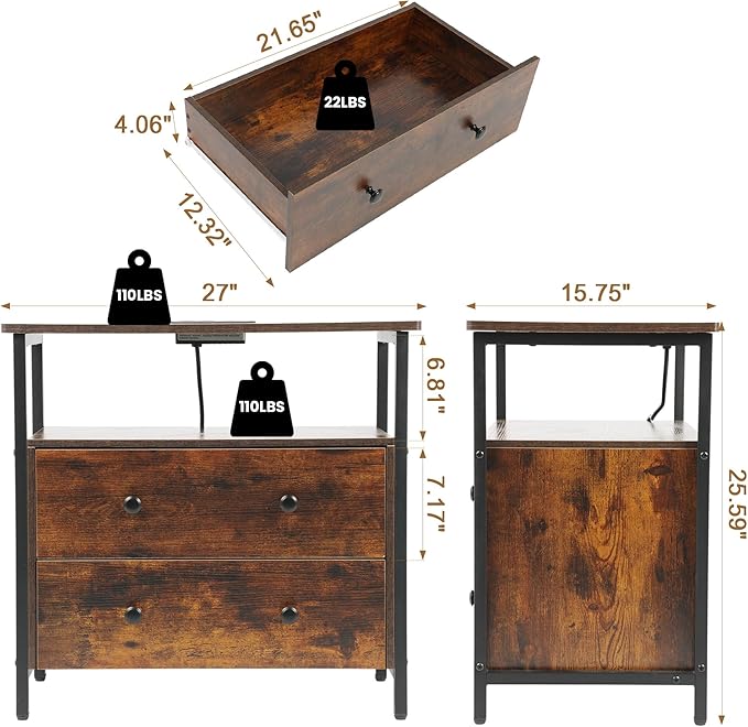 Edbuosy 27 inch Wide Night Stand with Charging Station, Bedside Table with Open Shelf, 2 Drawers Small Wood Dresser, Modern Wood Nightstand for Bedroom/Living Room (Rustic Brown)