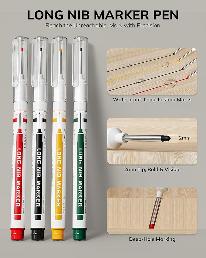 STAGEEK 4PCS Carpenter Pencils with Sharpener, Heavy Duty Woodworking Pencils, Mechanical Carpenter Pencil with 52 Refills, Deep Hole Long Nib Marker Pens for Architect Construction Marking with Case