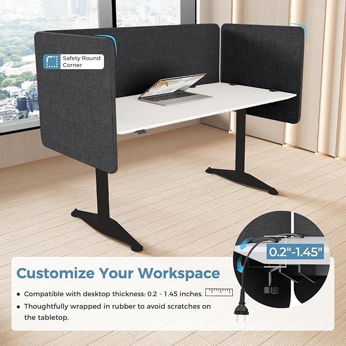 MORDEER 47.2 Inch Desk Divider Panels Set, Acoustic Divider Panel for Privacy, Fabric Wrapped Room Dividers for Office, Easy Assemble, Dark Grey