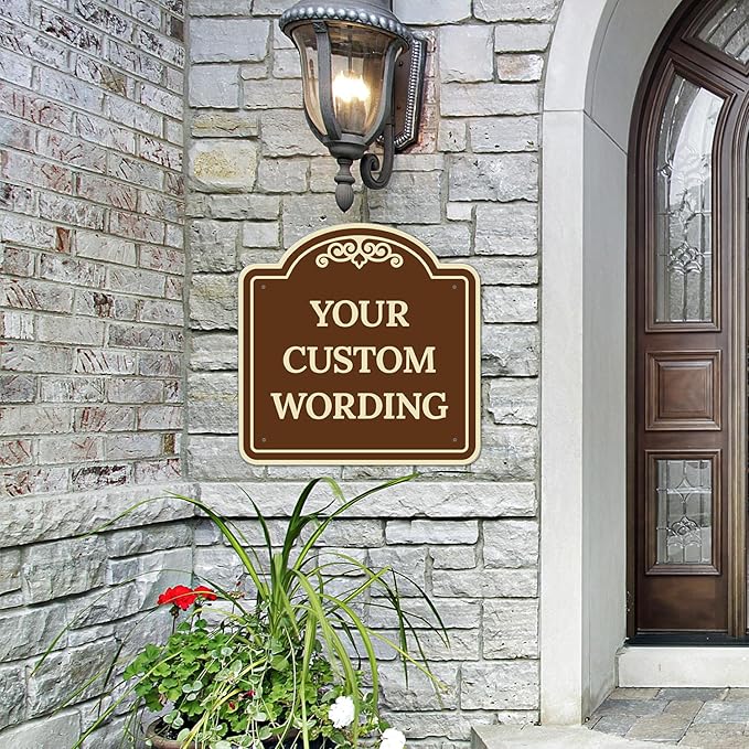 Custom Decorative Sign, Personalized Metal Sign for Business, Driveway, Home, Airbnb, Office Door Plaque, Brown Background Sign, 24x24 Inches, ACM, Fade Resistant, Made in USA by Sigo Signs