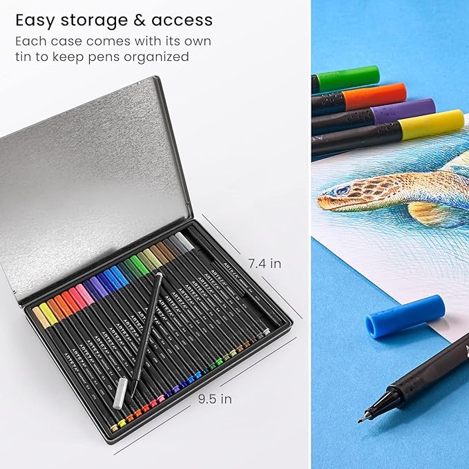 ARTEZA Inkonic Fineliners Fine Point Pens, Set of 24 Fine Tip Markers with Color Numbers, 0.4mm Tips, Ergonomic Barrels, Brilliant Assorted Colors for Coloring, Drawing & Detailing