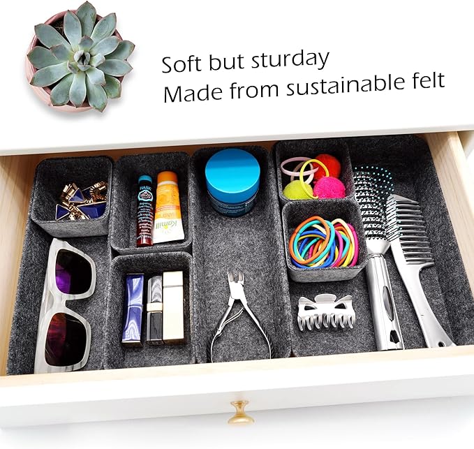 Welaxy Desk Drawer Organizer Tray, 8-Piece Shallow Felt Office Storage for Pens & Accessories (Charcoal)