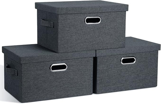 Graciadeco Medium 15" 21 Quart Collapsible Stackable Storage Bins with Lids, 3 Packs Dark Grey Foldable Fabric Closet Boxes Heavy-duty Linen Cube Baskets Container for Bedroom Office (15 x 11 x 8)