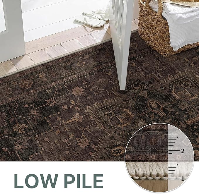 GENIMO 2x5 Runner Rugs for Hallway, Machine Washable Non Slip Vintage Rugs, Low Pile Lightweight Soft Print Rug for enrtyway, Corridor, Home, Office, Kitchen, Charcoal Brown