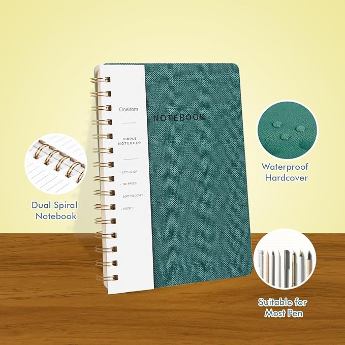 Spiral Notebook-5.75" x 8.125" College Ruled Journal with Inner Pockets and 160 Pages,PU Leather Cover Business Journal, Twin-Wire Binding Notebook Perfect for Office & Home School Supplies 6 pack Reefblue/Green