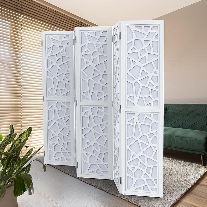 VINGLI 70'' H Room Divider, Non-Woven Fabric Privacy Screen, Indoor Partition Wall Dividers, Freestanding Hinged Space Separator with Modern Unique Pattern (White, 6 Panel)
