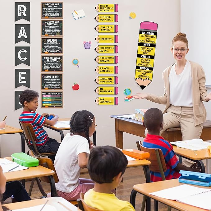 Pasimy Races Writing Strategy Bulletin Board Set Writing Process Posters for Classroom Decorations Races Alphabet Pencil with Sentences Poster Bulletin Board Cutouts Elementary Middle School(Black)