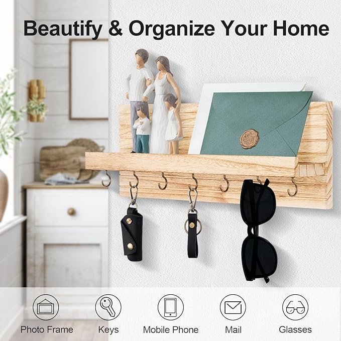 Lwenki Decorative Key Holder for Wall with Shelf, Entryway Shelf with Hooks Holds Leashes, Jackets and Glasses – Sturdy Wood Keyholder Entrance Hanger with Mounting Hardware (Wood, Large)