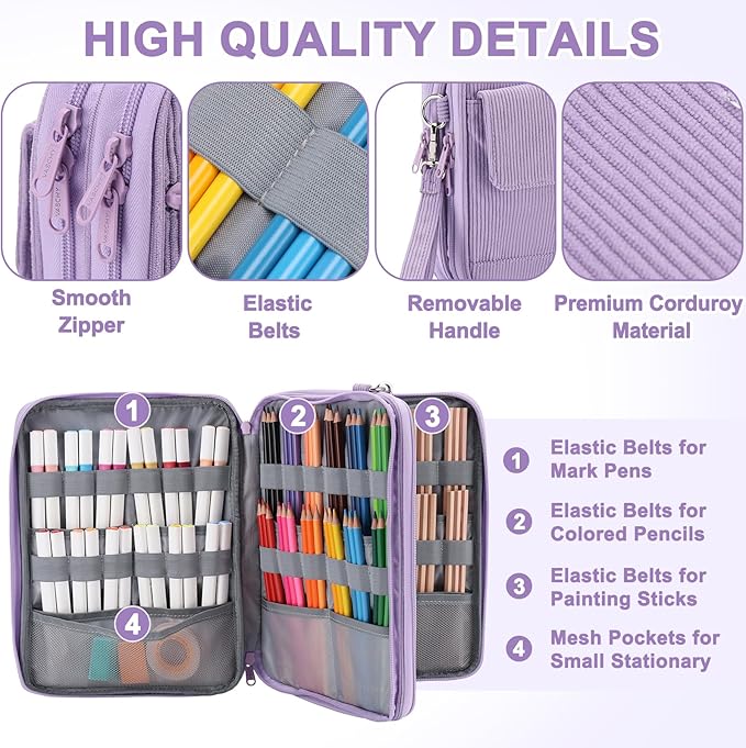 VASCHY Colored Pencil Case, Corduroy Large Pencil Pouch for Art Pens Markers Gel Pens Big Holder Organizer Fits 192 Pencils for Girls Women Light Purple