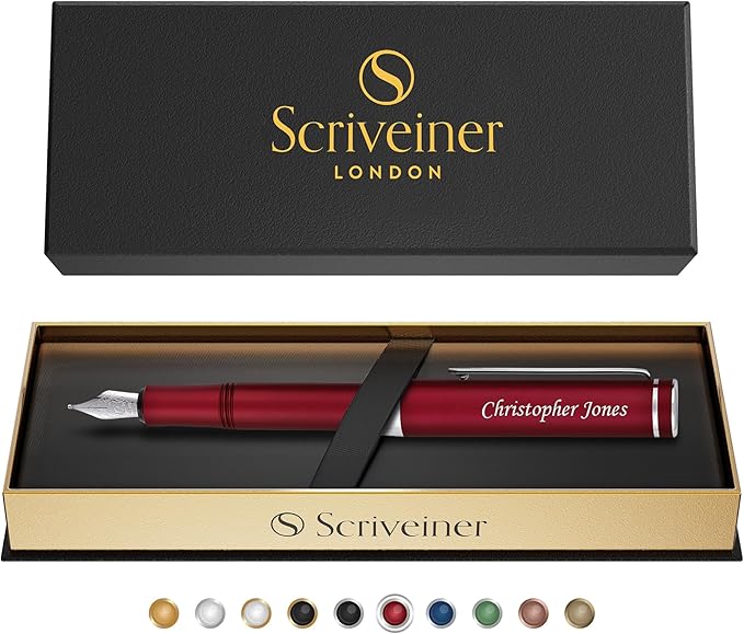Scriveiner Personalized Luxury EDC Fountain Pen (Medium), Stunning Matt Red Pocket Pen, Chrome Finish, Schmidt German Nib, Best Engraved Fountain Pen Gift Set for Men & Women, Name Engraving