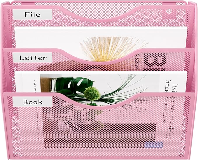 EasyPAG 3 Pocket Mesh Wall File Organizer, Hanging Paper Folder Holder with Classify Label, Vertical Wall Mount Mail Organizer for Office Home Classroom, Pink