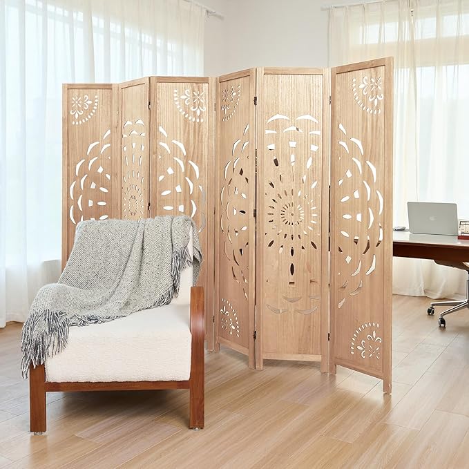 66.9Inch Wooden Room Partition - 6 Panels Boho-Styled Space Room Divider for Home/Office, Headboard & Yoga/Photo/Video Call Backdrop (Natural)