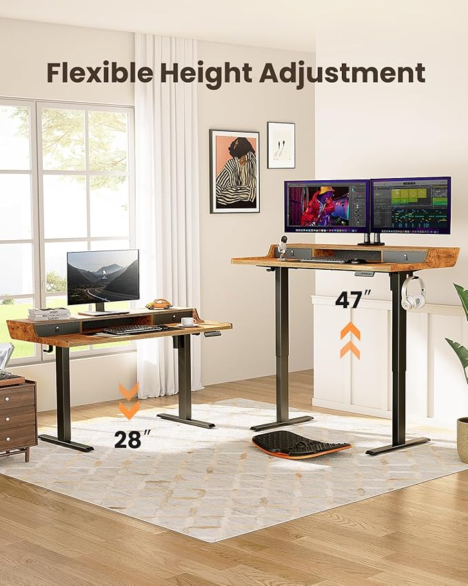 ErGear Electric Standing Desk with Drawers, 63″ x 28″ Gaming Table Compatible Monitor Stand, Stand up Desks, Home Office Height-Adjustable Desk with Storage Shelf, 4 Preset Heights, Vintage Brown