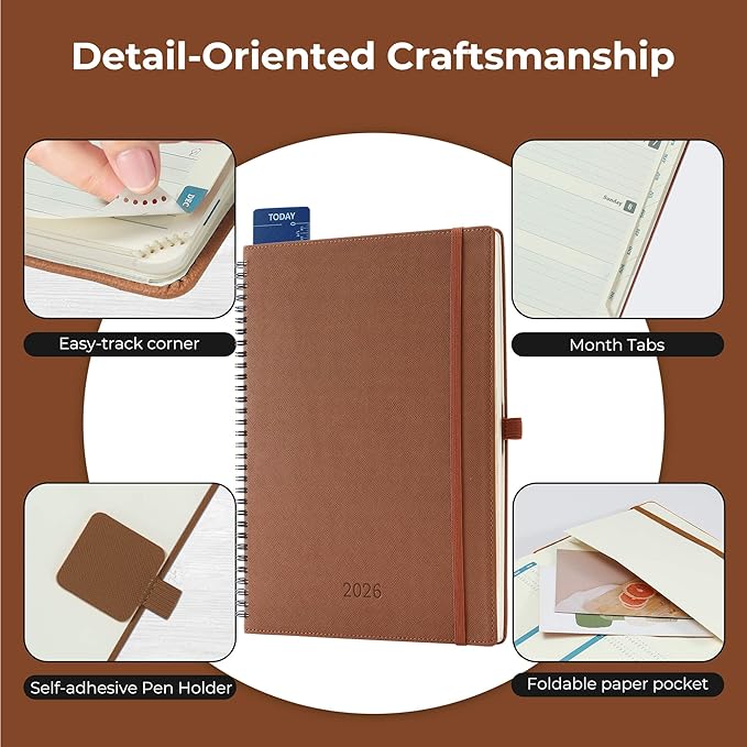 IN-LUXPRO Planner 2026 Daily Weekly and Monthly,11.5"x8.5",12 Months Spiral Bound Calendar Agenda with Self-adhesive Pen Holder,2026 Appointment Book with Vegan Leather Soft Cover,Brown