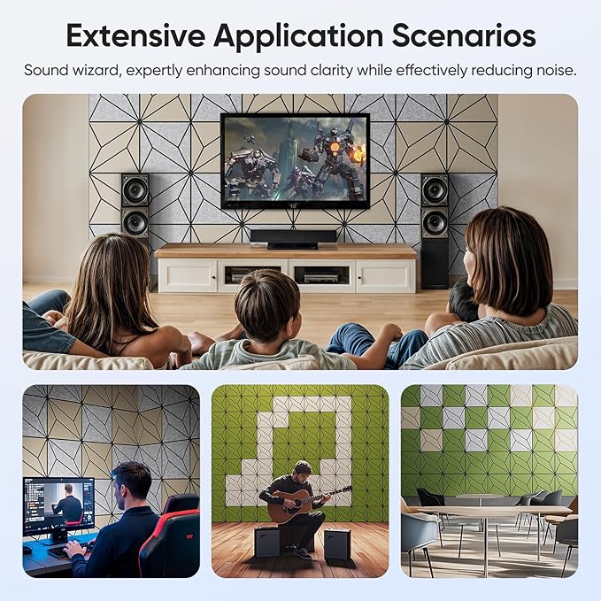 UNECHO 12 Pack 12" X 12" X 0.47" Acoustic Panels for Wall Sound Absorbing, Dual-Color P-Stripes Square Self-Adhesive Sound Panels, High Density Suitable for Multiple Scenarios(Black+SilverGray)