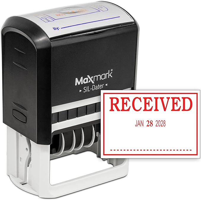 MaxMark Large Self-Inking Rubber Date Office Stamp with Received Phrase & Date - Red Ink, 12-Year Band - Style 3