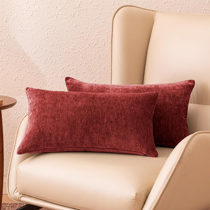 Amazon Basics Chenille Throw Pillow Covers, Home Decor Lumbar Cushion Cover for Bedroom Living Room Couch Bed, 12" W × 20" L, Burgundy