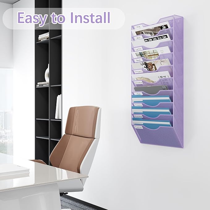 EasyPAG 10 Pocket Mesh Wall File Organizer, Hanging Paper Folder Holder with Classify Label, Vertical Wall Mount Mail Organizer for Office Home Classroom, Purple