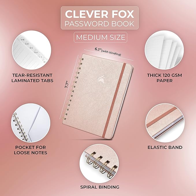 Clever Fox Password Book Spiral – Internet Address & Password Organizer with Laminated Alphabetical Tabs – Password Keeper Journal – Hardcover, Medium Size, 6.1x7.7” (Rose Gold)