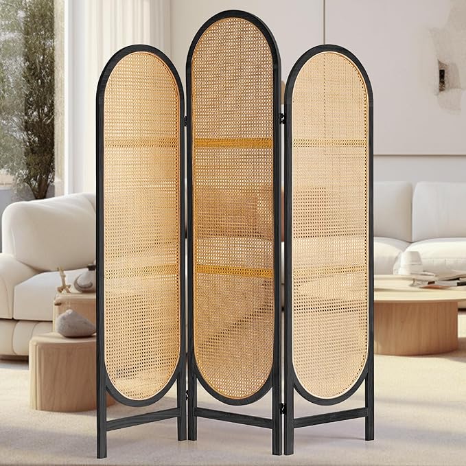 Asnefeli Room Divider 3 Panel, Hand-Woven Rattan Room Divider with Wooden Frame, Unique Design Foldable Privacy Screen, Portable Freestanding Partition Screen for Home Office, Bedroom, Black