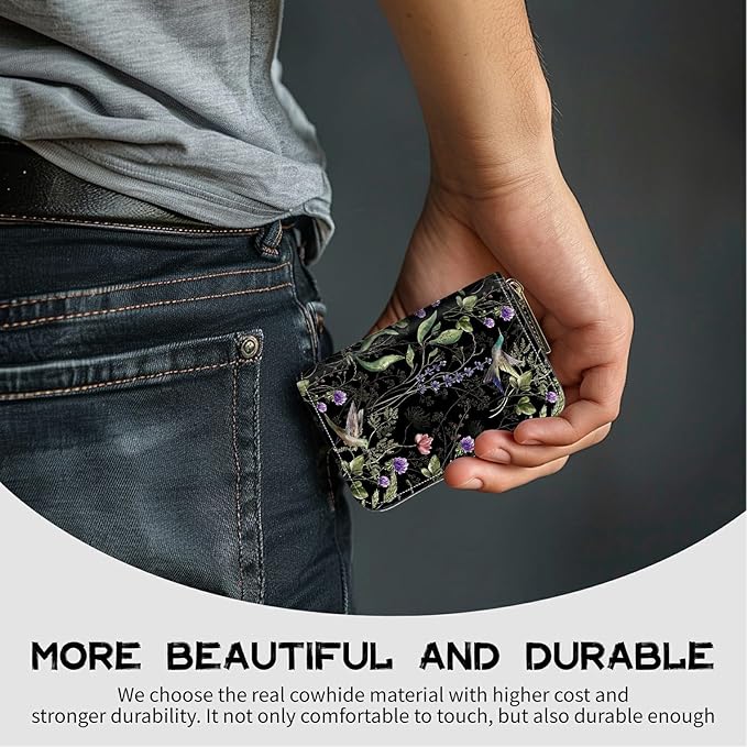 BWEGRHE Cute Credit Card Holder with Zipper, Wild Flower Hummingbird RFID-Blocking Card Case Small Wallet for Women Men, Multi-slot Card Organizer Case Travel Accordion Wallet