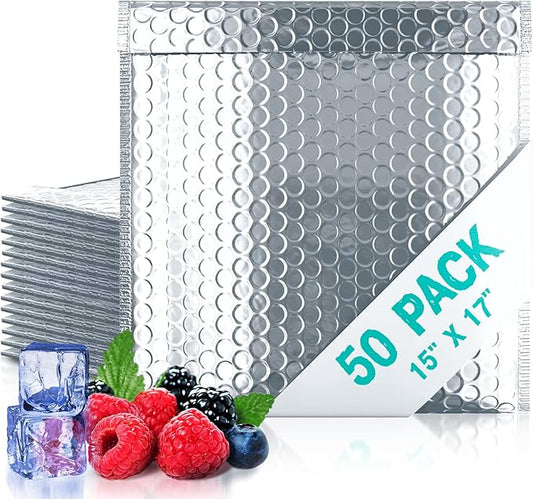 Amiff Silver Thermal Bubble Mailer, 15 x 17 Inches. 50 Pack Metallic Bubble Mailers. Self-Seal Insulated Mailers for Cold Shipping. Padded Envelopes Waterproof. Thermal Bag for Food, Cosmetics