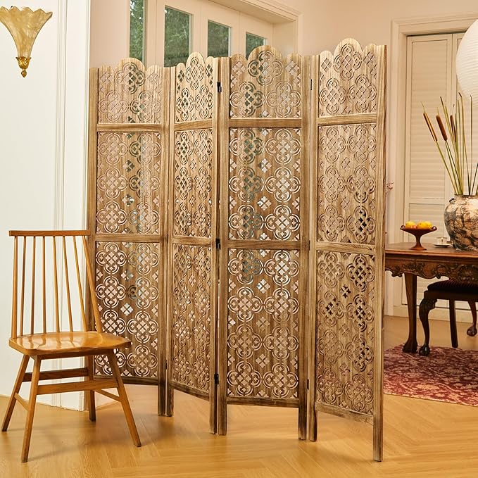 68.9Inch Folding Room Divider, 4 Panels Wood Carved Privacy Screens - Ideal Decorative Partition for Home, Office, Restaurant, Bedroom (Dark Brown)