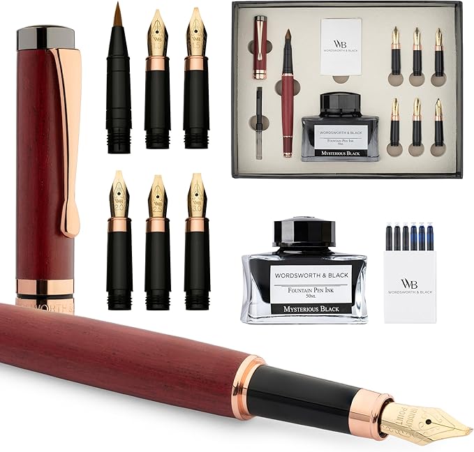 Wordsworth & Black Calligraphy Pen Gift Set, Includes Ink Bottle, 6 Ink Cartridges, Refill Converter, 6 Replacement Nibs, Luxury Bamboo, Journaling, Smooth Writing Pens [Violet Wood]