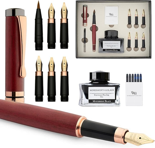 Wordsworth & Black Calligraphy Pen Gift Set, Includes Ink Bottle, 6 Ink Cartridges, Refill Converter, 6 Replacement Nibs, Luxury Bamboo, Journaling, Smooth Writing Pens [Violet Wood]