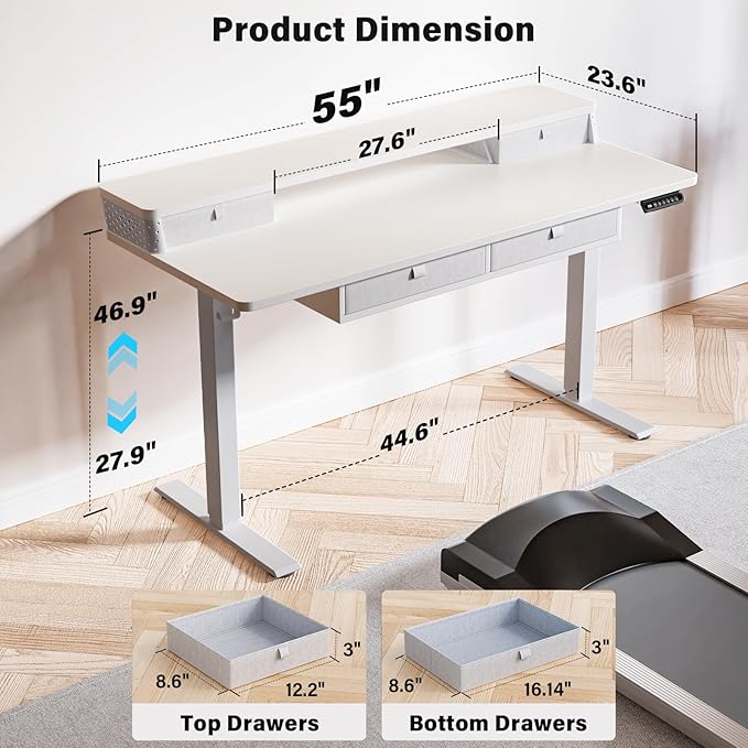 Kingant 55 x 24 Inch Electric Standing Desk with 4 Drawers, Height Adjustable Sit to Stand Computer Desk with Storage Shelf and C-Clamp Mount Compatibility for Home Office, White