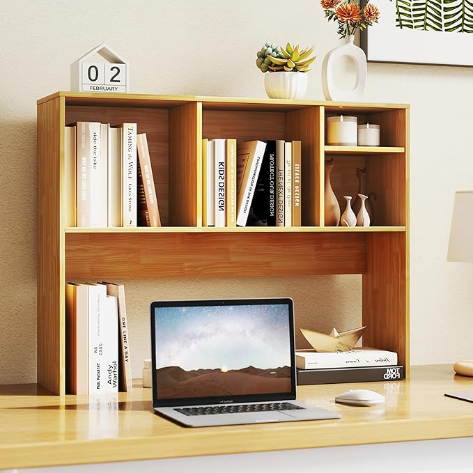 Tangkula Desktop Bookshelf, Countertop Storage Hutch with 4 Shelves for Computer Desk, Desktop 2-Tier Display Rack, Multipurpose Wood Desk Hutch Storage Organizer for Dorm Office Home